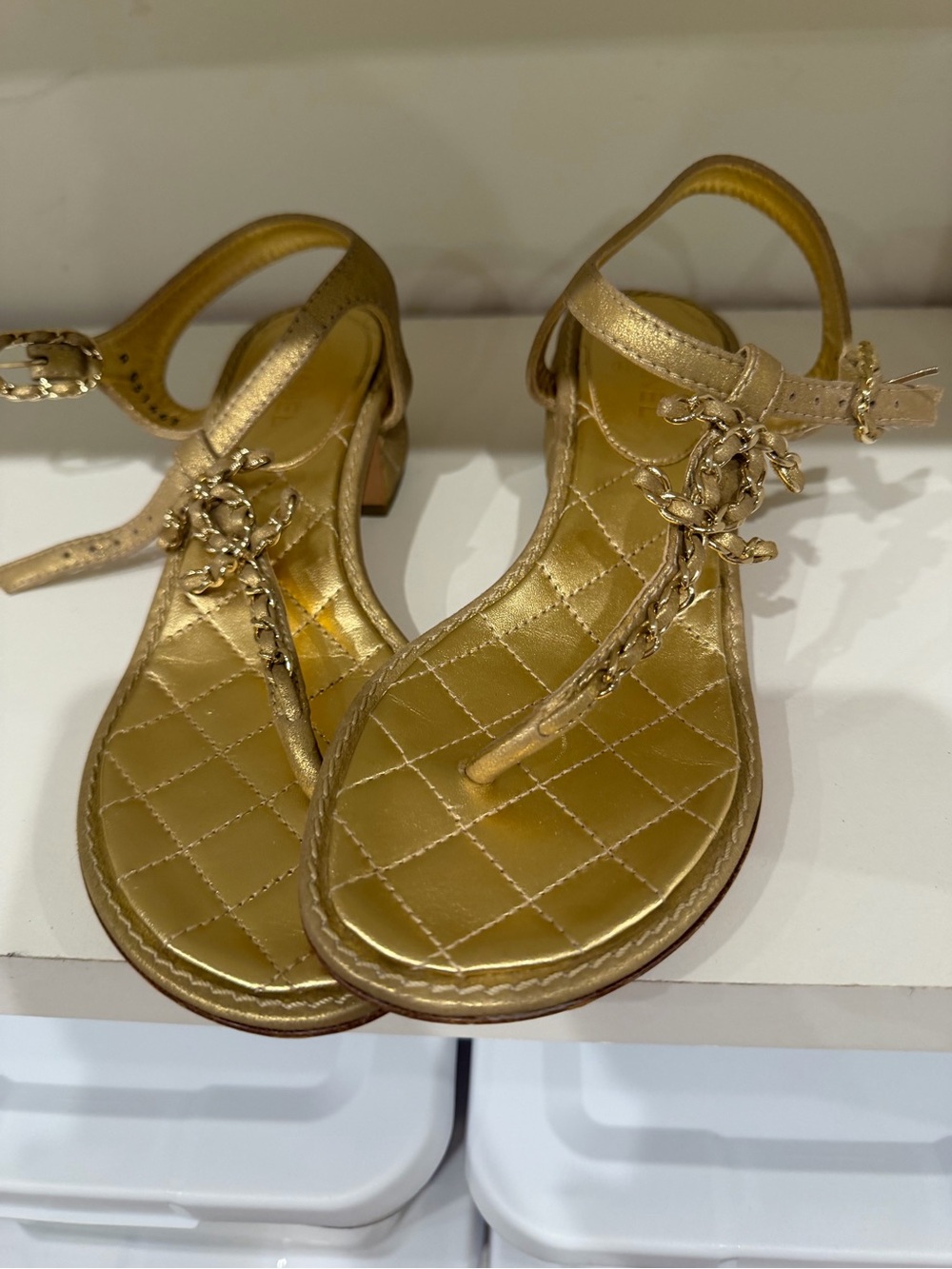 CHANEL Metallic Gold Quilted T-Strap Sandals with CC Charm